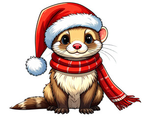 Christmas Ferret Wearing Santa Hat and Scarf, sitting pose, isolated