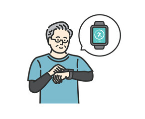 スマートウォッチで万歩計アプリを確認する中年男性