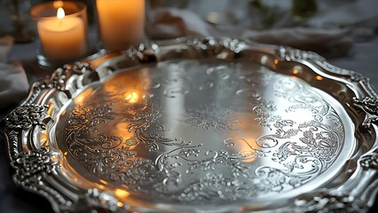 Silver Platter with Intricate Floral Design and Candlelight Reflections, Ornate Silver Serving Tray with Candle Glow and Elegant Table Setting