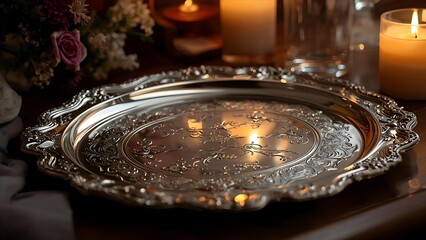 Elegant Silver Tray: A Timeless Touch of Luxury, Ornate Silver Tray Displayed with Flowers and Candlelight