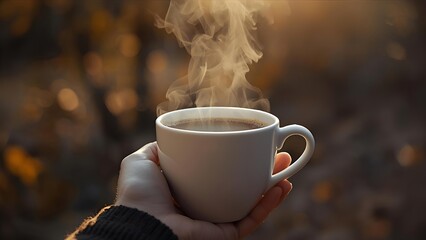 Steaming coffee warms hands and heart on a crisp autumn day, A cozy moment with a hot beverage in nature's warm embrace