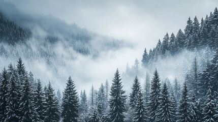 vast mountain pine forest in winter. dramatic landscape background scene