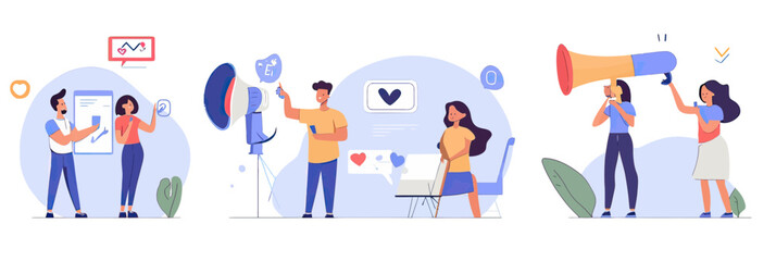 Fototapeta premium Social media marketing concept with characters posting content, using megaphones, sending messages, and engaging audience in flat minimalist style vector illustration