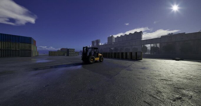 A forklift maneuvers through a shipping yard filled with shipping containers as the sun sets. The atmosphere is calm with shadows lengthening across the wet ground.