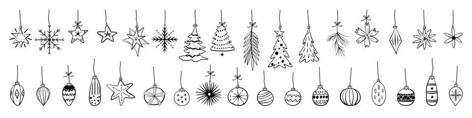 Set of isolated Christmas ornaments in black outline and white plain for holiday decorations on transparent background.