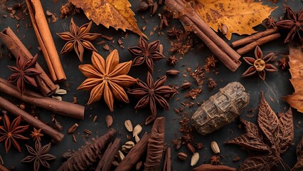 Autumn Spice Aroma: Cinnamon, Star Anise, and Fallen Leaves on a Dark Backdrop, Capturing the Essence of Fall Flavors and Textural Beauty