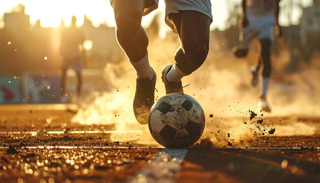 Intense low angle shot of a soccer ball being kicked during a dusty, golden-lit game, focus on the action