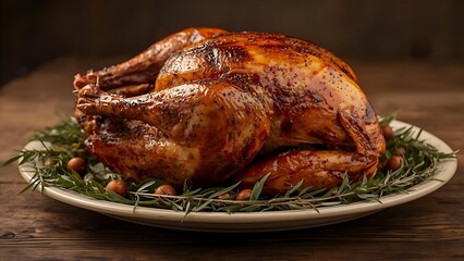 Roasted Turkey on a Plate with Rosemary and Crab Apples, Golden brown turkey with fresh rosemary and crab apples for a festive feast