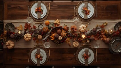 Autumn Table Setting with Pumpkins and Candles on a Wooden Surface, Thanksgiving Table Decoration with Fall Foliage and Seasonal Accents