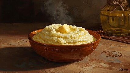 Bowl of Warm Mashed Potatoes with Melting Butter, Creamy Comfort Food Still Life Painting