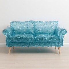 A surreal and artistic sofa  to be made of frozen, translucent blue water, complete with ripples and bubbles,