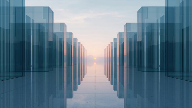 Abstract glass architecture with reflections and a serene sunset