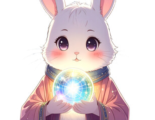  Cute Zodiac Rabbit Holding Starry Orb, kawaii style, isolated