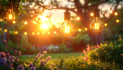 Glowing string lights illuminate a lush garden at sunset, casting a warm glow on flowers and foliage