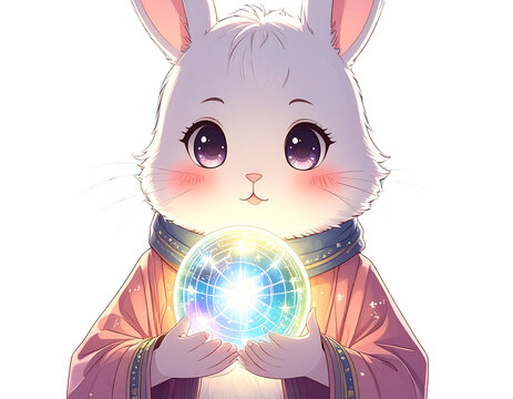  Cute Zodiac Rabbit Holding Starry Orb, kawaii style, isolated