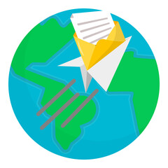 Vector illustration of global email communication showing paper plane with envelope flying around Earth, symbolizing worldwide messaging, digital mail, and global connection.