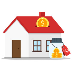 Houseshaped money box with coin slot and glass savings jar, ideal for financial concepts, savings campaigns, household budgeting graphics.