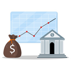 Vector illustration of financial growth with money bag, bank building, and rising chart, symbolizing investment, savings, profit, economy, and successful business finance concept.