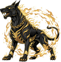 Powerful black and gold hellhound mascot