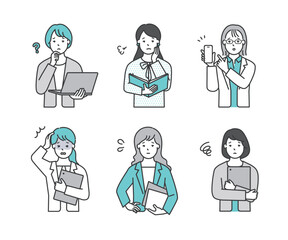 Fototapeta premium パソコンやタブレット、ファイルを持つ女性ビジネスパーソンのシンプルイメージ イラスト素材