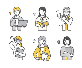 パソコンやタブレット、ファイルを持つ女性ビジネスパーソンのシンプルイメージ イラスト素材