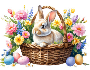 Easter Bunny Sitting in a Basket with Flowers, watercolor clipart, isolated