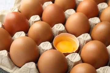 Many whole raw chicken eggs and broken one in carton, closeup