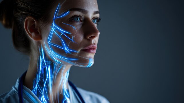 Woman with glowing blue neural network overlaying her face and neck, symbolizing artificial intelligence, neuroscience, future medicine, and human machine integration - Powered by Adobe