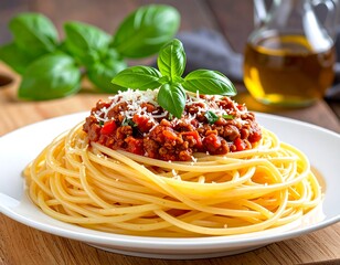 Plate of spaghetti with meat sauce, garnished with basil leaves and cheese