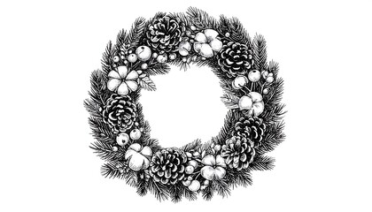Monochrome drawing of a circular wreath of pine branches, pine cones, cotton blooms and berries on white background