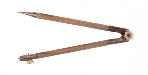 Vintage wooden compass tool isolated on white background