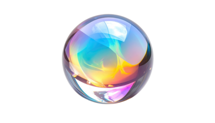 Glass orb glows with an iridescent swirl of blues, yellows, and purples, set against a stark black background