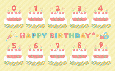 誕生日ケーキの年齢・記念日・月齢を表す数字ろうそく付きのかわいいホールケーキのイラスト