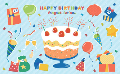 ポップでカラフルなキャラクターとケーキが描かれたハッピーバースデーイラスト誕生日カード、誕生日ケーキ付きバースデーカード