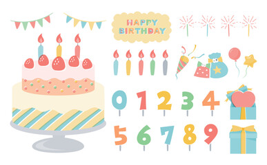 誕生日祝いに使えるこども向けカラフルな誕生日ケーキのポップなイラストと手書きフォント素材セット