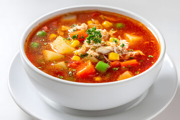 Delicious crab soup with vegetables and seasoning served in a white bowl on a light background
