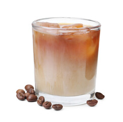 Tasty iced coffee with milk and beans isolated on white