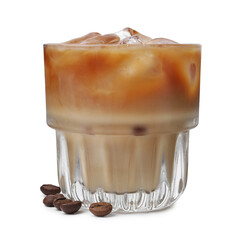 Tasty iced coffee with milk and beans isolated on white