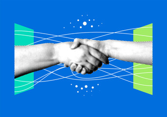 Handshake from two digital worlds. Concluding an online deal, contract. Modern collage. Remote work. Receive an offer online. Successful agreement.  Halftone hands. Online negotiations, meeting