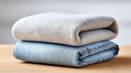 A Sharp And Clean Photo Of A Folded Pair Of Light Blue Jeans And A Gray Towel Stacked On A Wooden Surface With A Softly Blurred Gray Background
