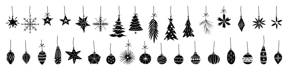 Set of isolated Christmas ornaments in black silhouette for holiday decorations on transparent background.