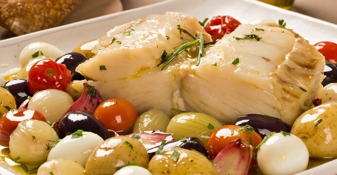 Bacalhau &agrave; Lagareiro with baked codfish, potatoes, and olives