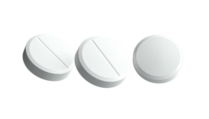 Three white round pills, seen at different angles, with a vertical groove on two of them on a black background