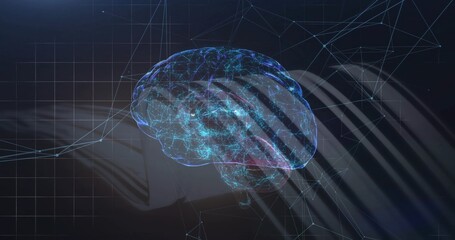 Floating 3D brain hologram projecting glowing network nodes over dark grid backdrop, visualization