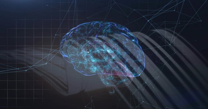 Floating 3D brain hologram projecting glowing network nodes over dark grid backdrop, visualization - Powered by Adobe