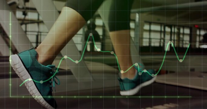 Fototapeta Running legs in black leggings and teal sneakers on treadmill belt at gym, with graph overlay