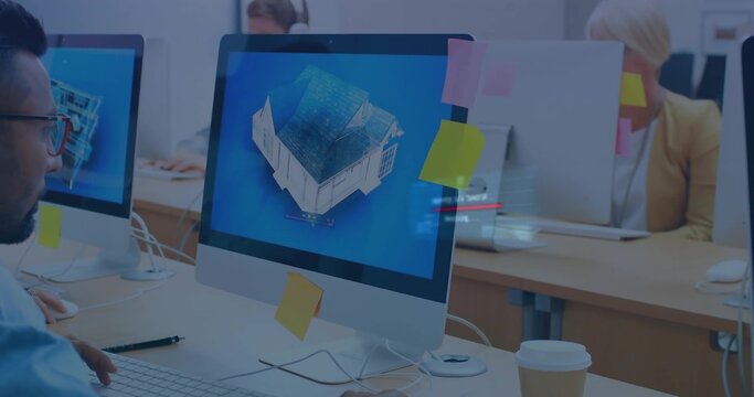 Designer wearing blue shirt, glasses creating 3D house model in open office, with sticky notes - Powered by Adobe