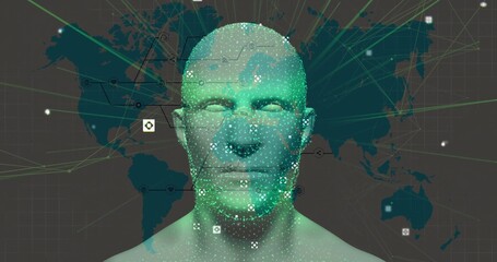 Displaying 3D digital bust over stylized world map, radiating glowing data points and network lines