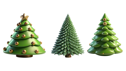 3d green christmas tree collection with golden star isolated on transparent background