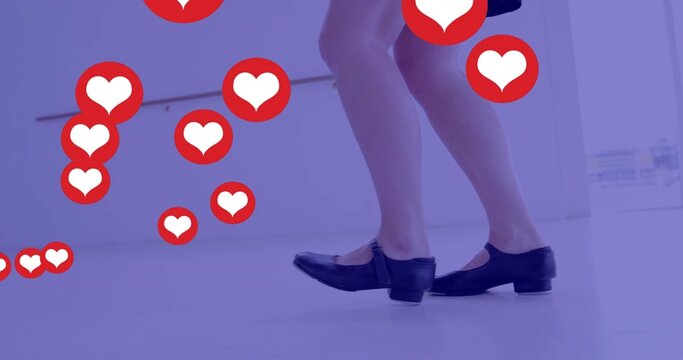 Legs in skirt and Mary Jane shoes walking in purple lobby with floating social-media reaction icons - Powered by Adobe